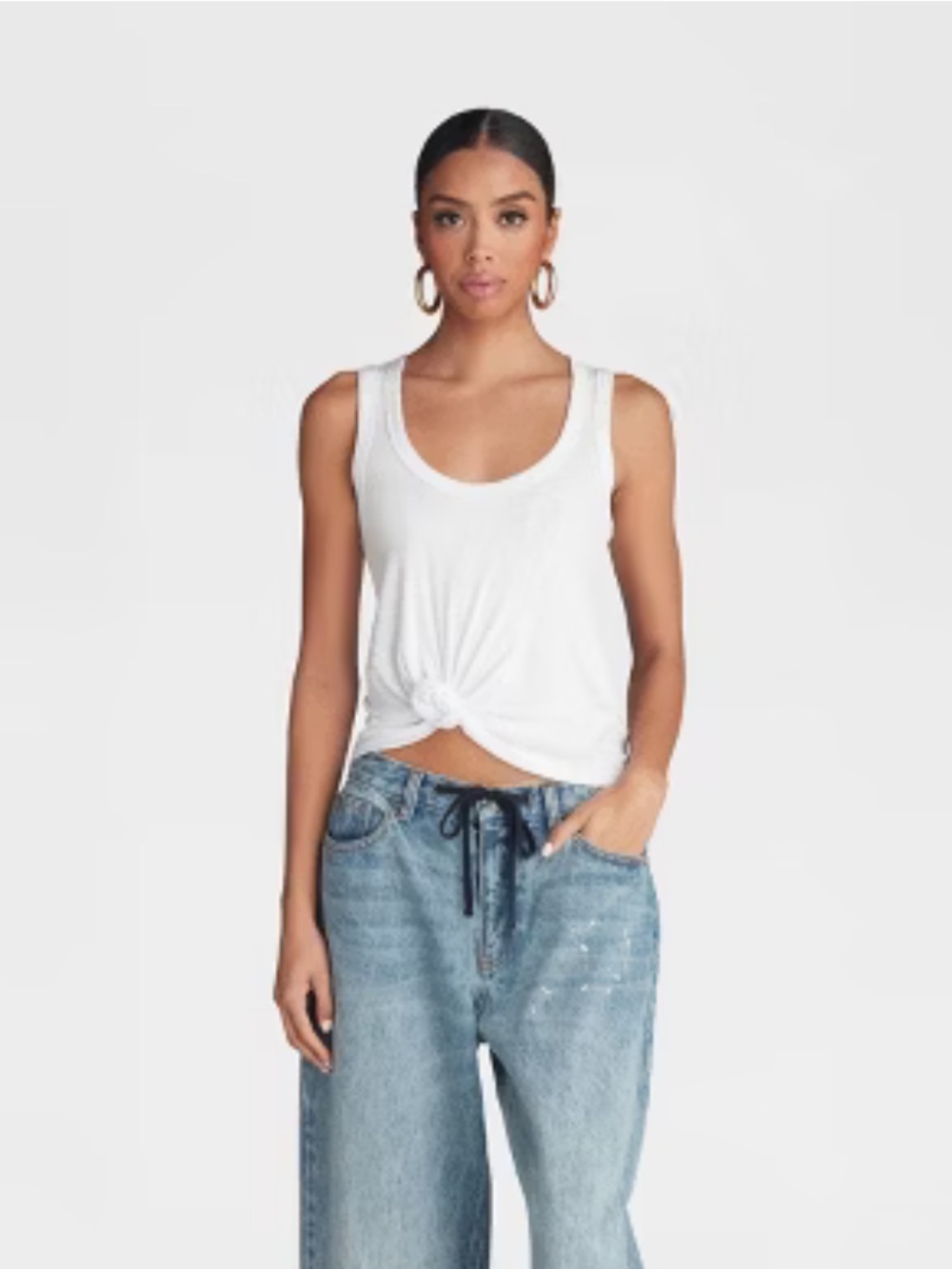 Knot-Front White Scoop Tank Top